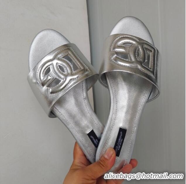 Durable Dolce & Gabbana DG Cutout Calfskin Flat Slide Sandals Silver 071065