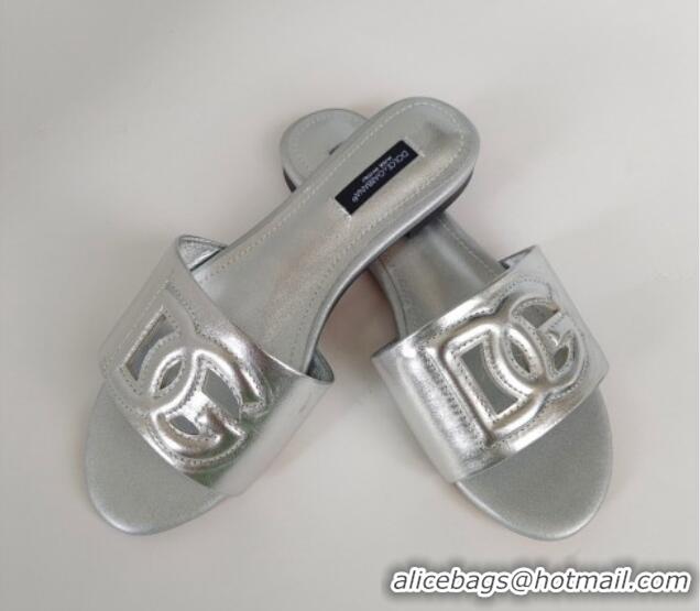 Durable Dolce & Gabbana DG Cutout Calfskin Flat Slide Sandals Silver 071065