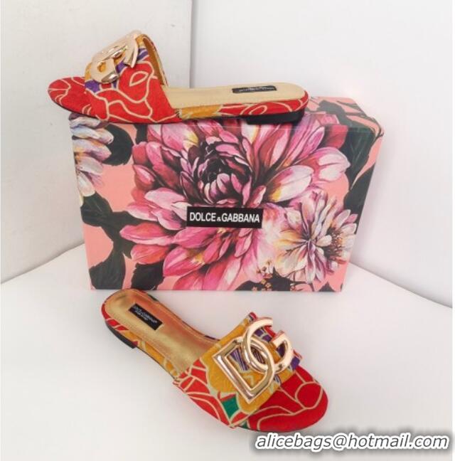 Good Quality Dolce & Gabbana DG Printed Flat Slide Sandals Red 071066