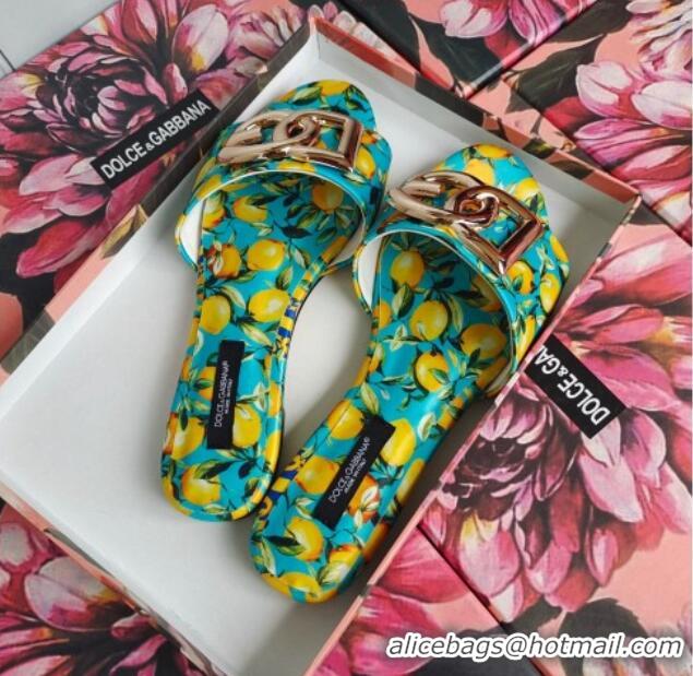 Grade Quality Dolce & Gabbana DG Printed Flat Slide Sandals Light Blue 071068