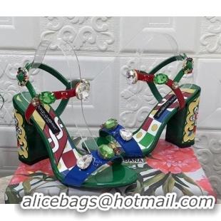 Best Price Dolce & Gabbana DG Patent Leather Heel Sandals 10.5cm with Crystals Green 718003