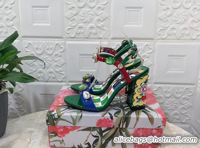 Best Price Dolce & Gabbana DG Patent Leather Heel Sandals 10.5cm with Crystals Green 718003