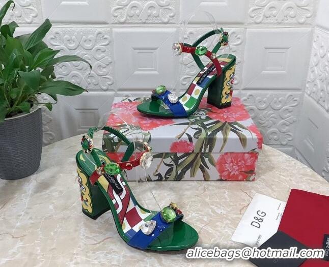 Best Price Dolce & Gabbana DG Patent Leather Heel Sandals 10.5cm with Crystals Green 718003