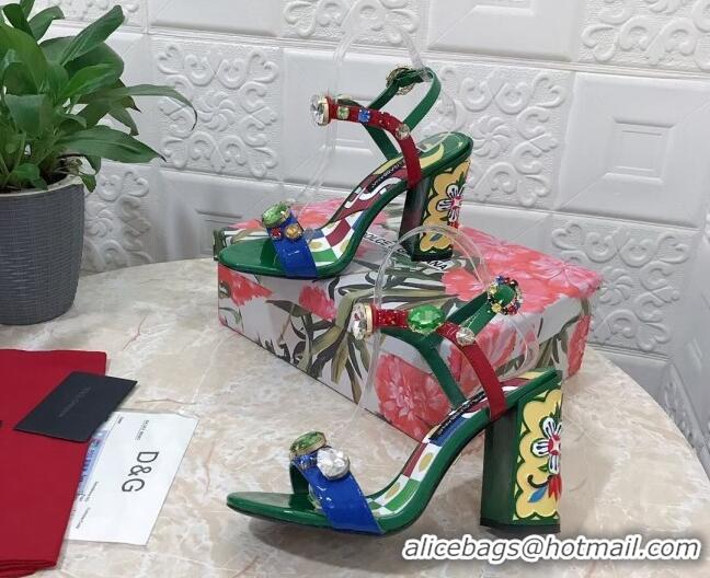 Best Price Dolce & Gabbana DG Patent Leather Heel Sandals 10.5cm with Crystals Green 718003