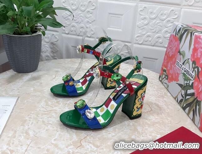 Best Price Dolce & Gabbana DG Patent Leather Heel Sandals 10.5cm with Crystals Green 718003