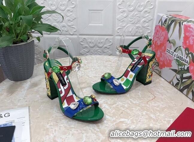 Best Price Dolce & Gabbana DG Patent Leather Heel Sandals 10.5cm with Crystals Green 718003