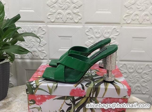 Feminine Dolce & Gabbana Polished calfskin slide sandals 10.5cm with crystals and cross strap Green 902039