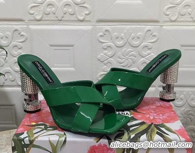 Feminine Dolce & Gabbana Polished calfskin slide sandals 10.5cm with crystals and cross strap Green 902039