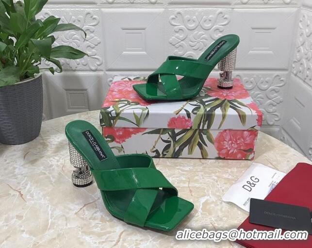 Feminine Dolce & Gabbana Polished calfskin slide sandals 10.5cm with crystals and cross strap Green 902039