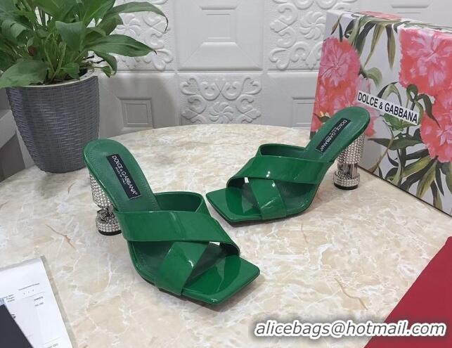 Feminine Dolce & Gabbana Polished calfskin slide sandals 10.5cm with crystals and cross strap Green 902039