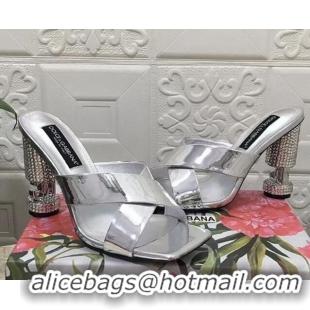 Pretty Style Dolce & Gabbana Polished calfskin slide sandals 10.5cm with crystals and cross strap silver 0902040