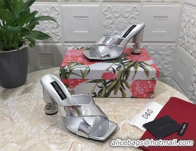 Pretty Style Dolce & Gabbana Polished calfskin slide sandals 10.5cm with crystals and cross strap silver 0902040