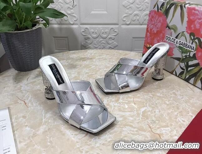 Pretty Style Dolce & Gabbana Polished calfskin slide sandals 10.5cm with crystals and cross strap silver 0902040