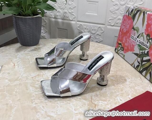 Pretty Style Dolce & Gabbana Polished calfskin slide sandals 10.5cm with crystals and cross strap silver 0902040