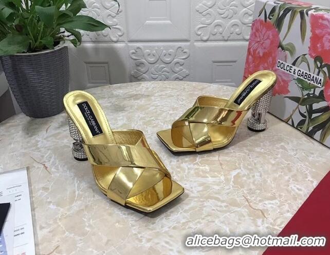 Shop Duplicate Dolce & Gabbana Polished calfskin slide sandals 10.5cm with crystals and cross strap gold 902041