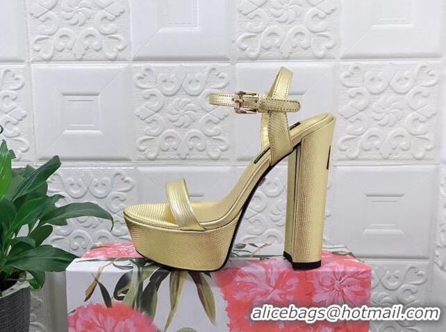 Good Looking Dolce & Gabbana Lizard Embossed Leather Platforms Sandals 15cm Gold 902047