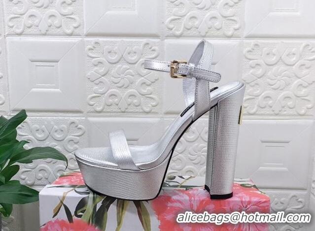 Popular Style Dolce & Gabbana Lizard Embossed Leather Platforms Sandals 15cm Silver 0902048