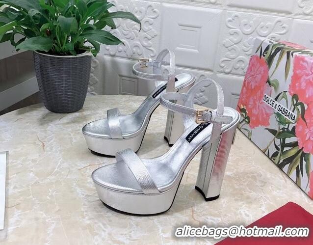 Popular Style Dolce & Gabbana Lizard Embossed Leather Platforms Sandals 15cm Silver 0902048