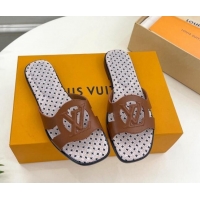 Fashion Louis Vuitton Isola Flat Slide Sandals with LV Cutout and Geometric Pattern Dark Brown 625110