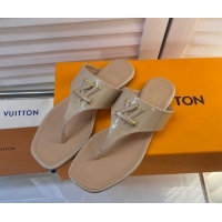 Classic Hot Louis Vuitton Shake Flat Thong Slide Sandals in Patent Leather Beige 625119