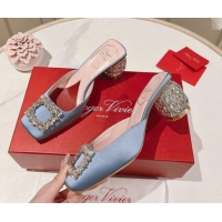 Top Grade Roger Vivier Heel Mules 5cm with Crystals Buckle in Satin 625121 Blue