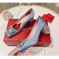 Good Quality Roger Vivier Pumps 5cm with Crystals Buckle in Satin Blue 625128