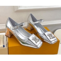 Luxury Cheap Louis Vuitton Shake Mary Janes Pumps 5.5cm in Metallic Snakeskin-Like Leather Silver 711117