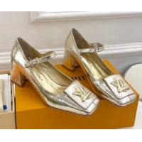 Luxury Louis Vuitton Shake Mary Janes Pumps 5.5cm in Metallic Snakeskin-Like Leather Gold 711118