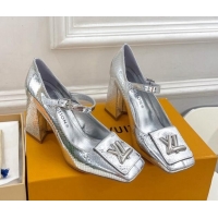 Good Quality Louis Vuitton Shake Mary Janes Pumps 8.5cm in Metallic Snakeskin-Like Leather Silver 711120