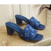 Stylish Louis Vuitton Wove Fabric Heel Slide Sandals 6.5cm Navy Blue 711126