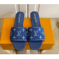 Best Grade Louis Vuitton Wove Fabric Flat Slide Sandals Navy Blue 711133