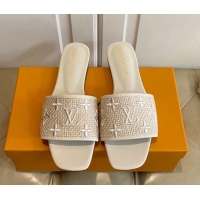 Top Grade Louis Vuitton Wove Fabric Flat Slide Sandals Beige 711135