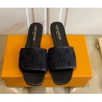 Good Quality Louis Vuitton Wove Fabric Flat Slide Sandals Black 711136