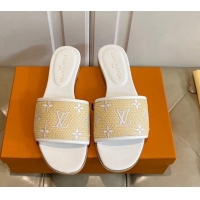 Grade Quality Louis Vuitton Flat Slide Sandals in Straw and Lambskin White 711141