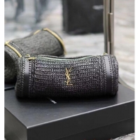 Good Quality SAINT LAURENT SADE SMALL TUBE BAG IN RAFFIA AND LEATHER Y996704 BLACK