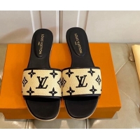 Pretty Style Louis Vuitton Flat Slide Sandals in Straw and Lambskin Black 711142