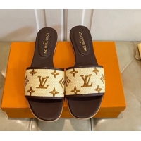 Popular Style Louis Vuitton Flat Slide Sandals in Straw and Lambskin Brown 711144