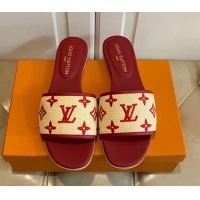 Classic Hot Louis Vuitton Flat Slide Sandals in Straw and Lambskin Red 711145