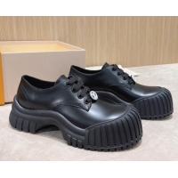 Trendy Design Louis Vuitton Ruby Flat Derby Lace-up Shoes in Glazed Leather Black 712008