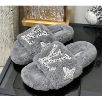 Top Design Louis Vuitton Shearling Flat Slide Sandals with Crystals Grey 804084