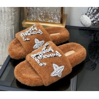 Purchase Louis Vuitton Shearling Flat Slide Sandals with Crystals Brown 804085