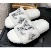 Pretty Style Louis Vuitton Shearling Flat Slide Sandals with Crystals White 804087