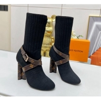 Top Grade Louis Vuitton Silhouette Knit Heel Ankle Boots 10cm with Buckle Strap Black LV08142 814097