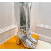 Pretty Style Louis Vuitton Shake Heel High Boots 9cm in Snakeskin-Like Leather Silver 831032