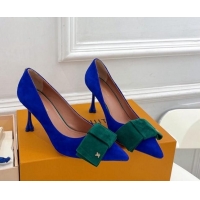 Popular Style Louis Vuitton Blossom Pumps with Bow 8cm in Suede Blue/Green 1ACART