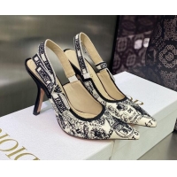 Popular Style Dior J'Adior Slingback Pumps 9.5cm in White and Black Cotton Embroidered with Plan de Paris Motif 605028