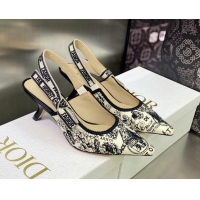 Good Product Dior J'Adior Slingback Pumps 6.5cm in White and Black Cotton Embroidered with Plan de Paris Motif 605029