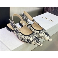 Good Looking Dior J'Adior Slingback Ballerina Flat in White and Black Cotton Embroidered with Plan de Paris Motif 605030