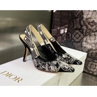 Luxury Dior J'Adior Slingback Pumps 9.5cm in Black and White Cotton Embroidered with Plan de Paris Motif 605031