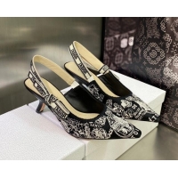 Sumptuous Dior J'Adior Slingback Pumps 6.5cm in Black and White Cotton Embroidered with Plan de Paris Motif 605032